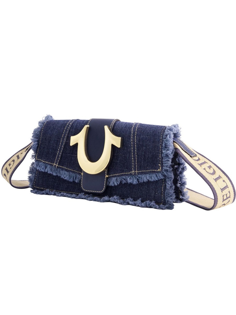 True Religion Denim Fringe Crossbody with Gold Logo and Branded Strap